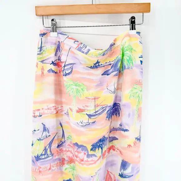 Vtg Bushwacker Brisas Island Watercolor Scenic Maxi Skirt Sz 12 Tropical Lined - Picture 9 of 13